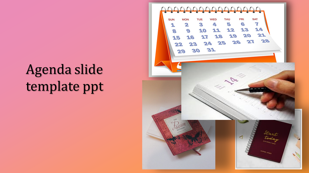 Agenda slide with calendar, notebook, and planner visuals on a gradient pink background for scheduling.