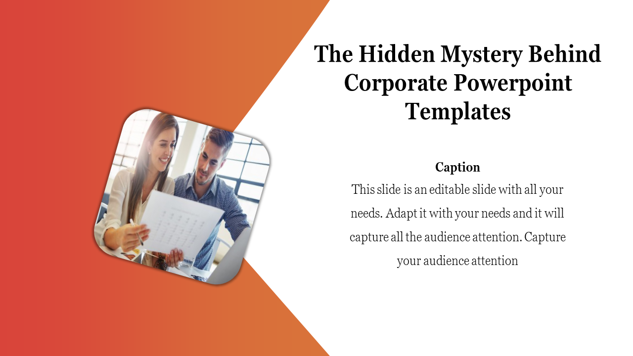 Professional corporate PowerPoint slide featuring two people reviewing a document with a caption.