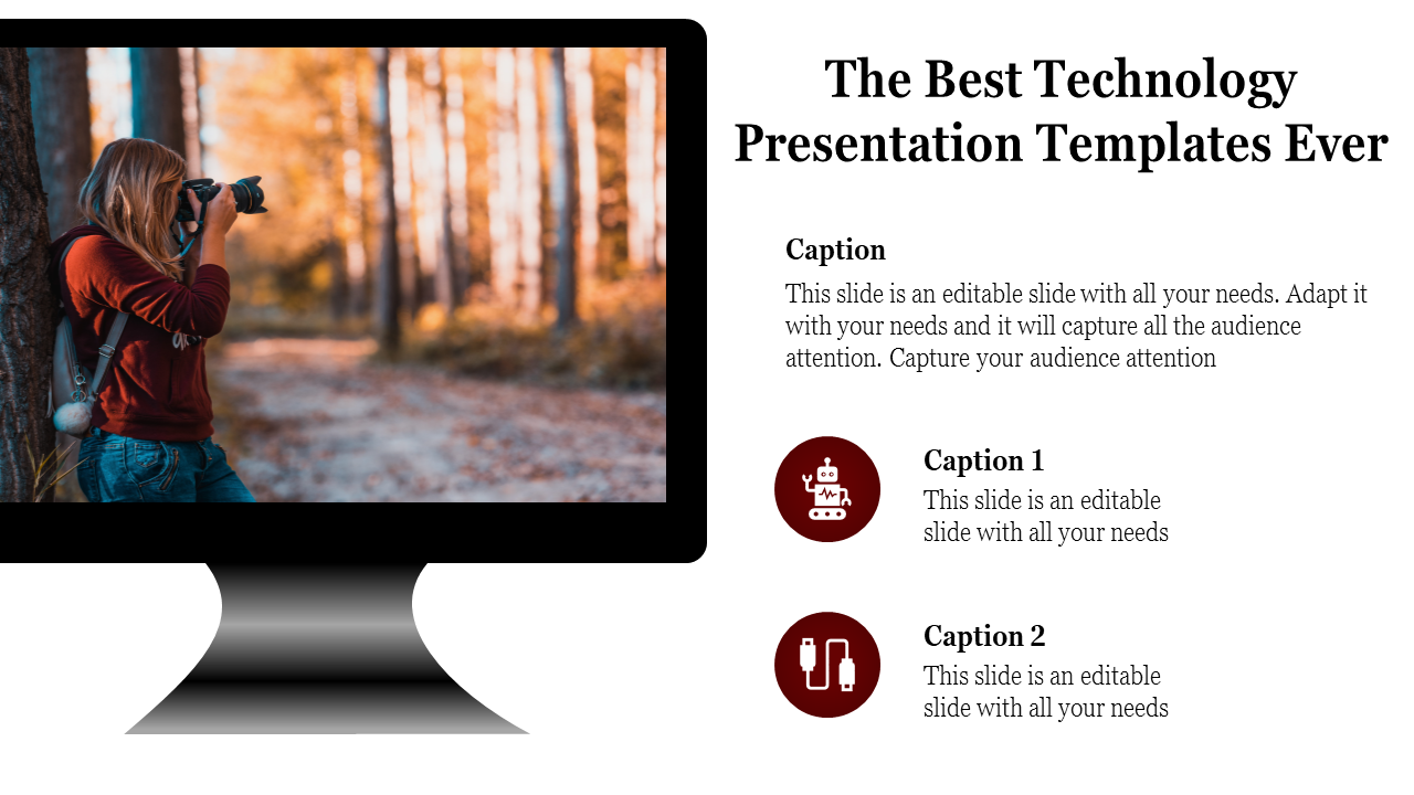 Technology-themed slide with a monitor showing a woman taking photos outdoors, alongside captions and icons.