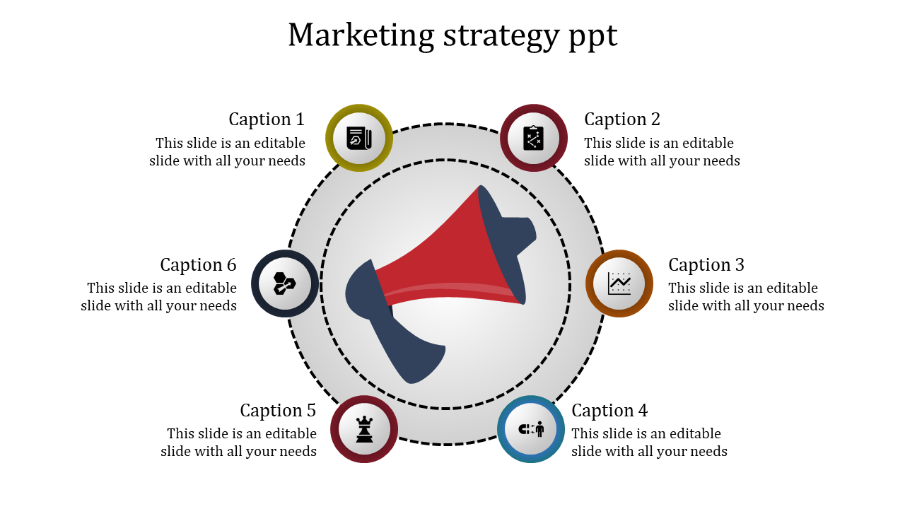 PowerPoint slide with a megaphone surrounded by six icons for marketing strategy visualization.