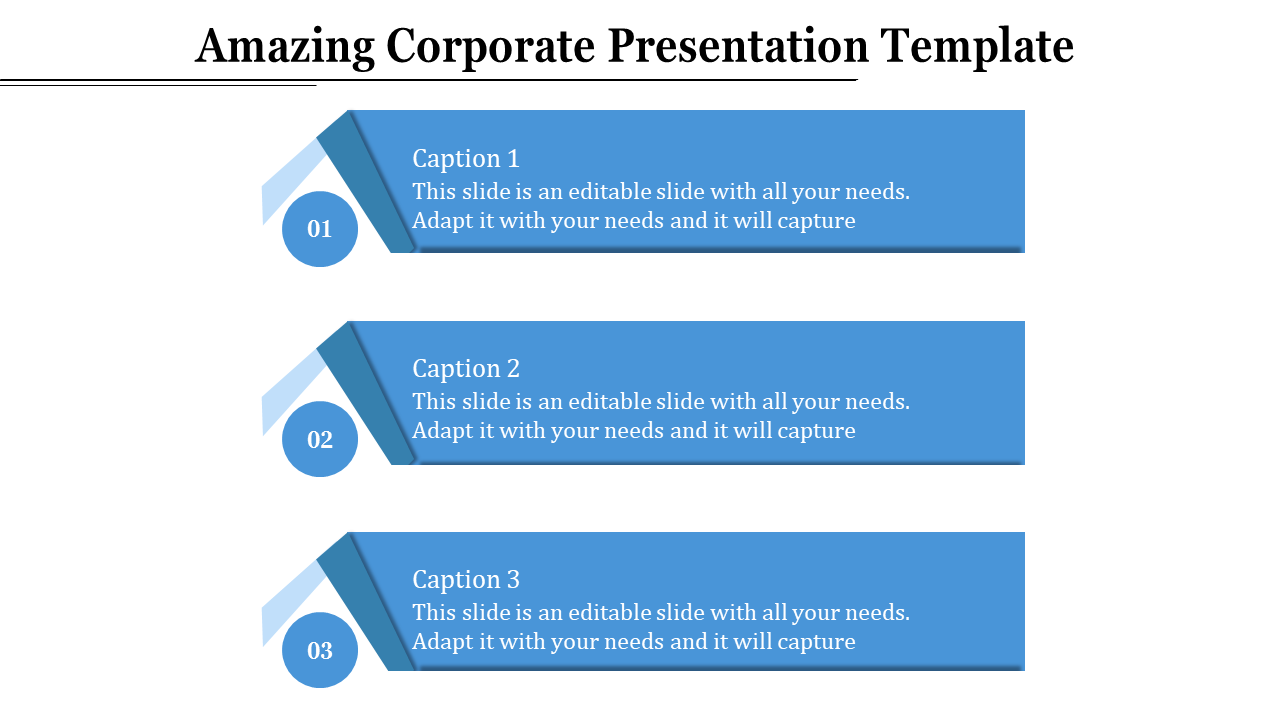 Corporate template featuring three stacked blue boxes with captions and circular numbers 01, 02, and 03 on the left.