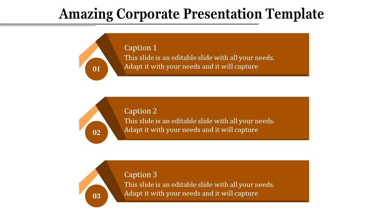 Corporate template featuring three stacked orange boxes with captions and circular numbers 01, 02, and 03 on the left.