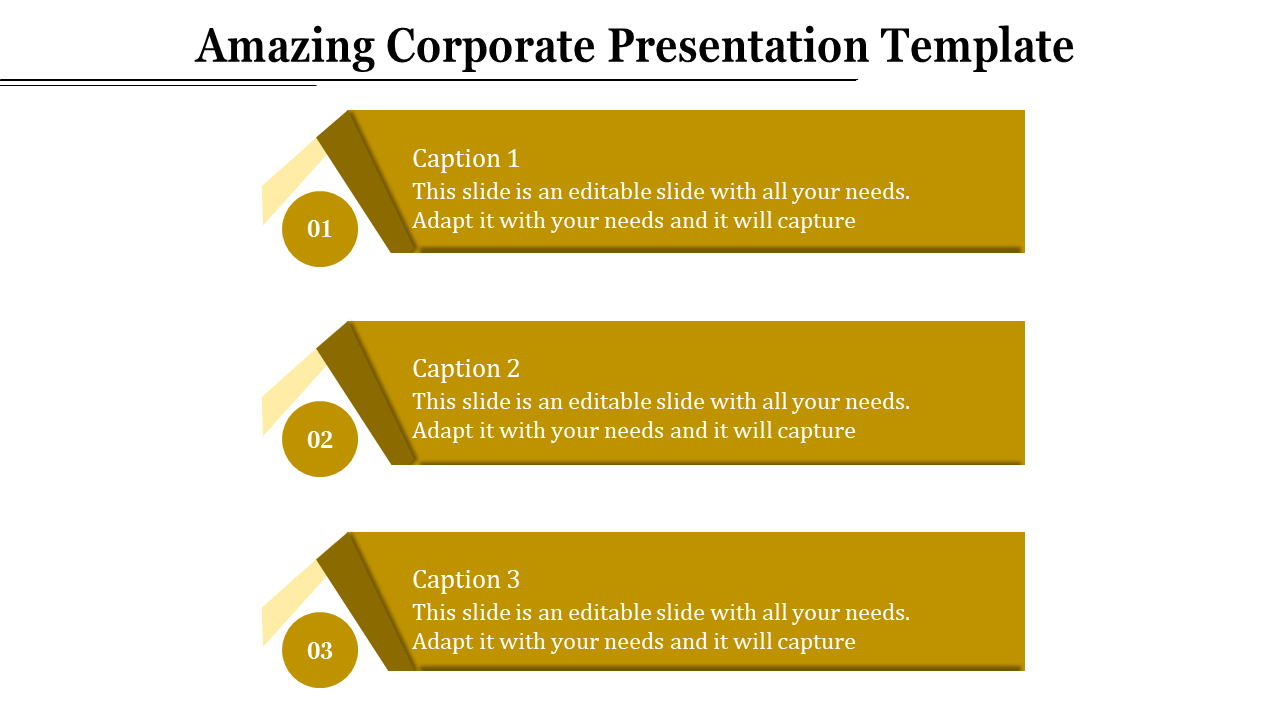 Gold themed corporate presentation template with three sections and captions.