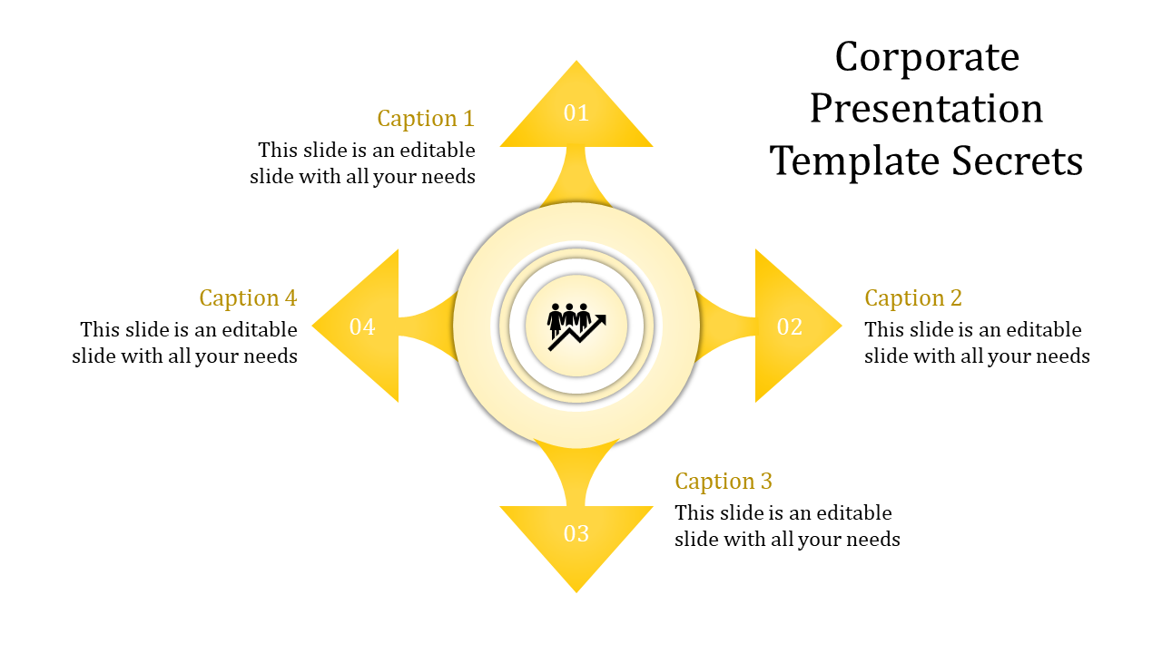 Corporate template slide featuring four directional arrows with label and a circle symbolizing teamwork and growth in yellow.