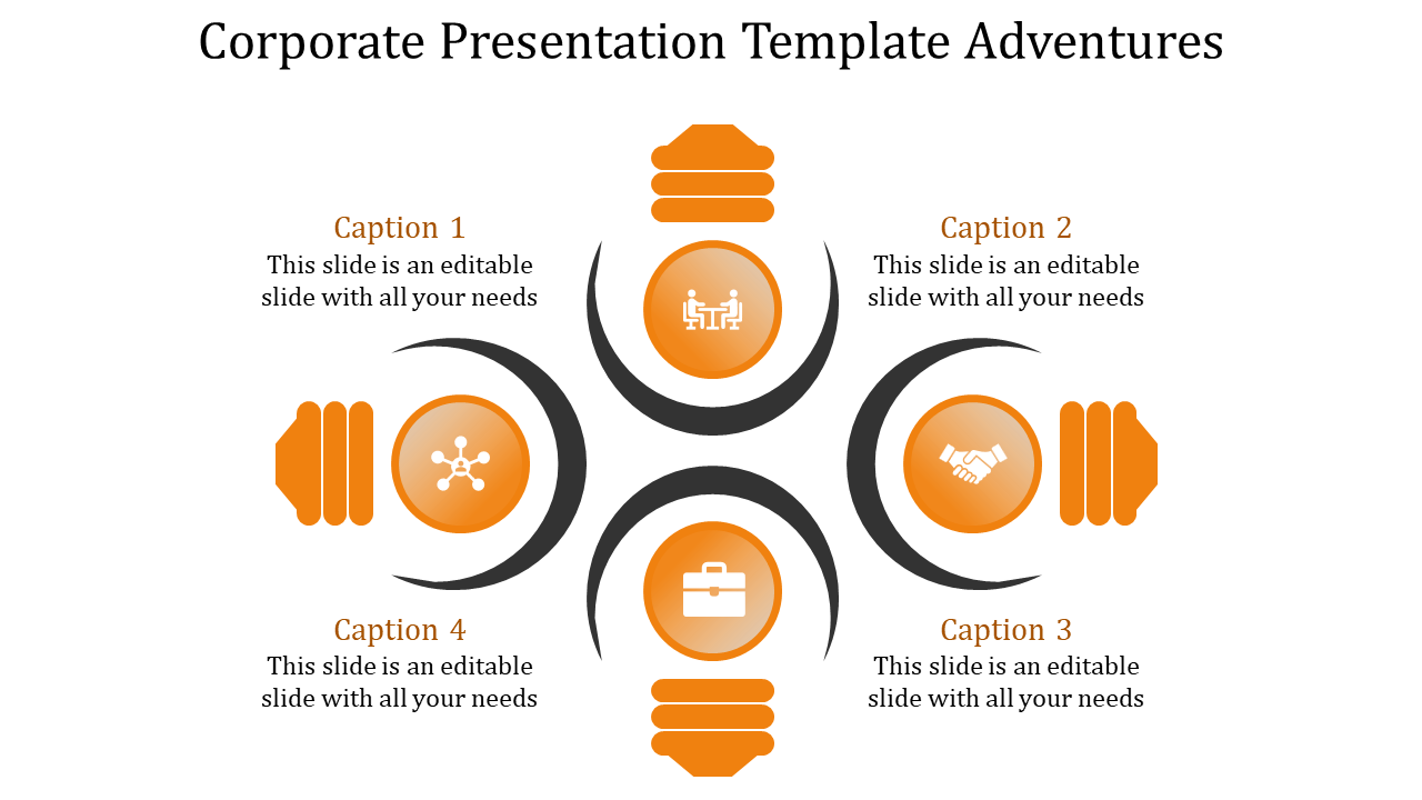 Corporate presentation template with four orange icons arranged in a circular layout, each with a caption.