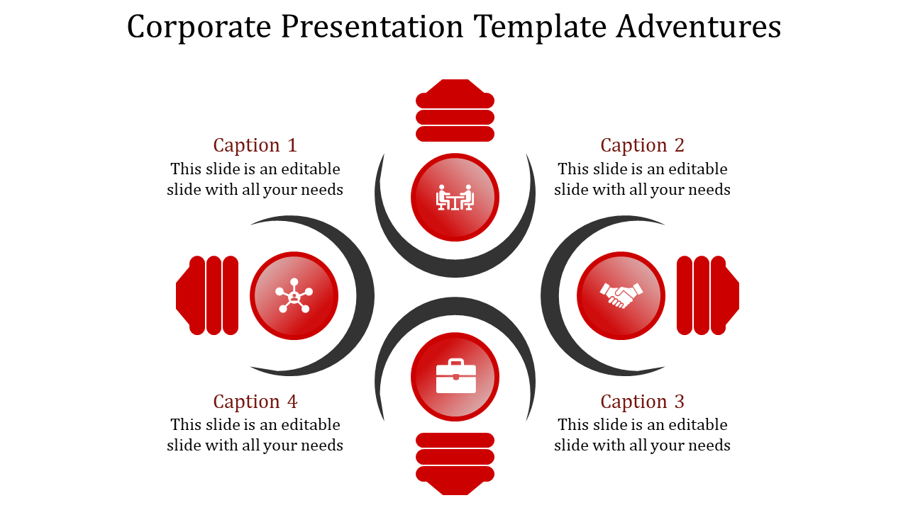Professional PowerPoint slide with four captioned red icons, arranged in a cross layout for corporate discussions.