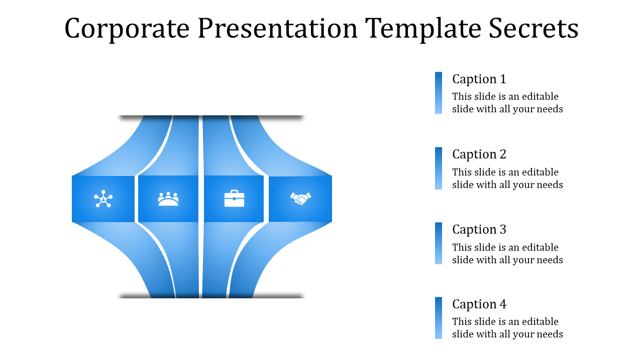 Corporate slide with a blue wave design and four icons in the center, paired with captions on the right.