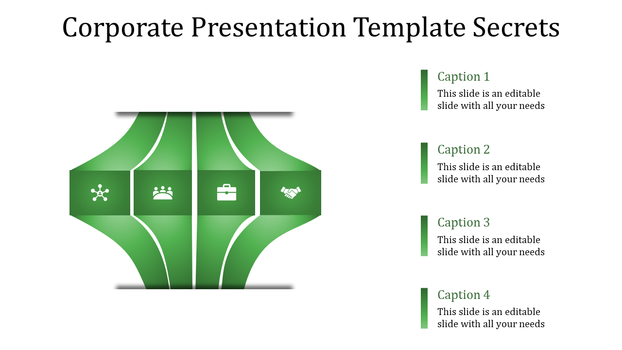 Corporate slide with a green wave design and four icons in the center, paired with captions on the right.