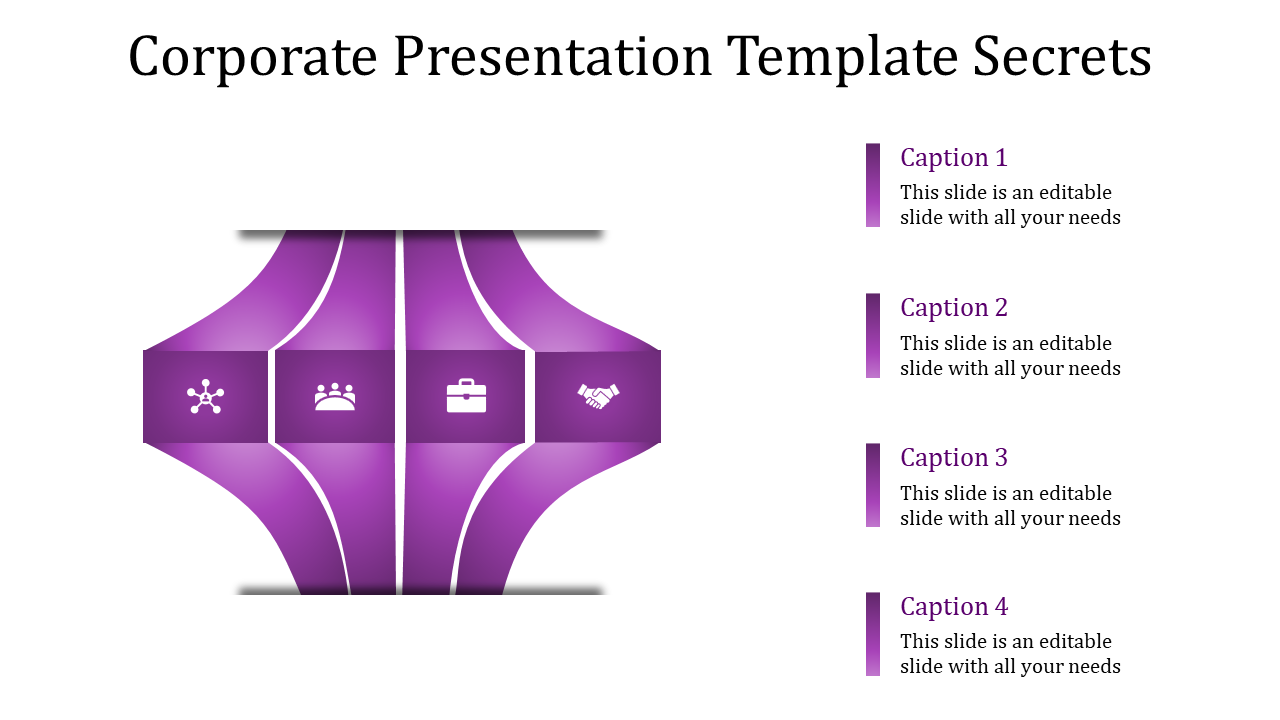 Corporate slide with a purple wave design and four icons in the center, paired with captions on the right.