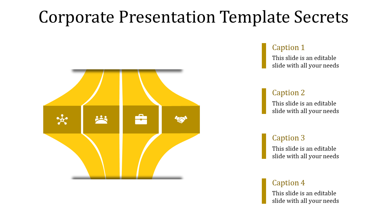 A yellow corporate presentation slide with four icons in a sequence, representing network, team, business, and partnership.