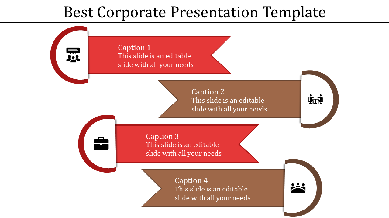 Corporate PowerPoint template with four banners and captions with icons for steps in a business presentation.