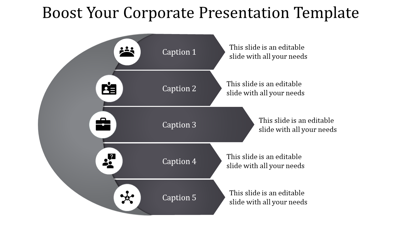 A corporate PPT slide featuring five icons representing people, identity, business, questions, and network, with captions.