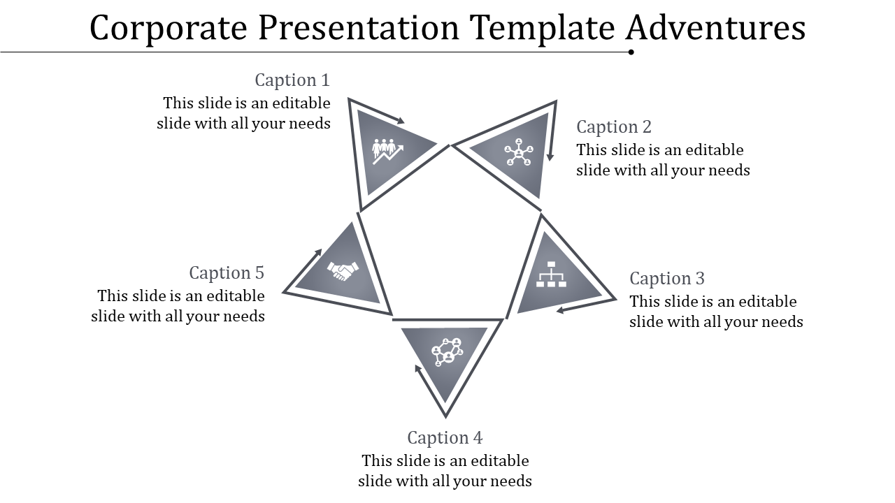 Five gray triangular elements forming a star like shape with captions and icons surrounding the design.