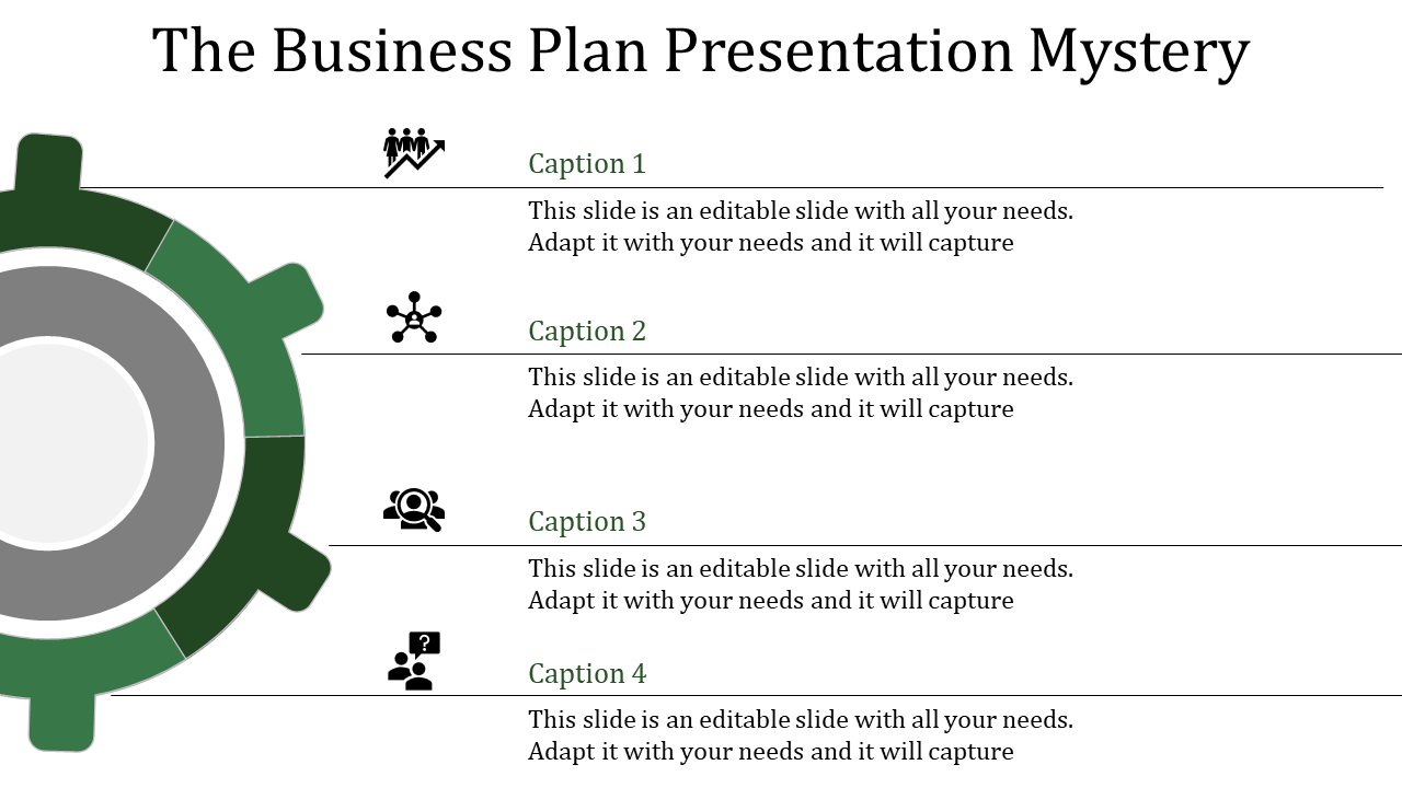 Business-themed slide with a green-gray gear graphic and four captioned areas featuring icons for business processes.