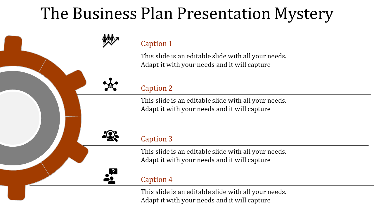 PowerPoint template with a central gear icon and four business related icons surrounding it, each with captions.
