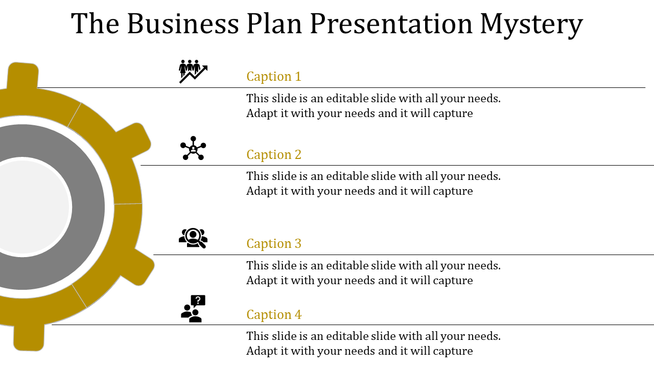 A business plan slide with a large yellow gear in the center and four surrounding icons representing business concepts.