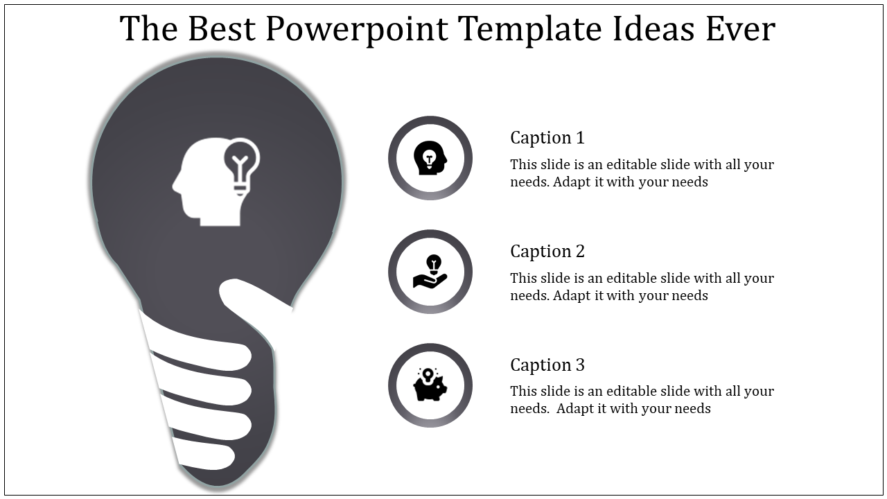 Creative design featuring a gray light bulb outline with inner head illustration, and three captions on the right.
