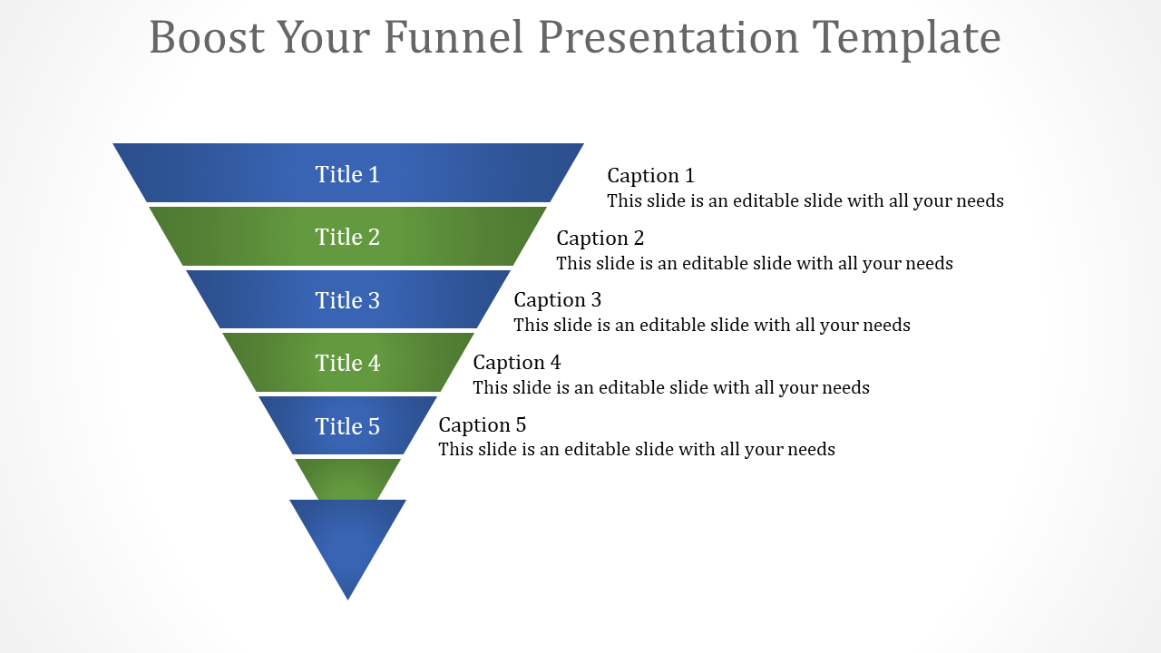 Colorful funnel presentation template with five sections, each representing a stage with captions.