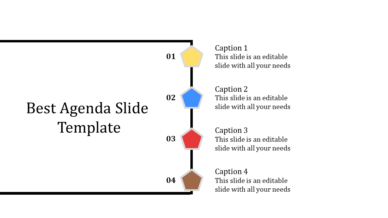Business agenda slide showing a  line connecting numbered icons in yellow, blue, red, and brown, each  with caption areas.
