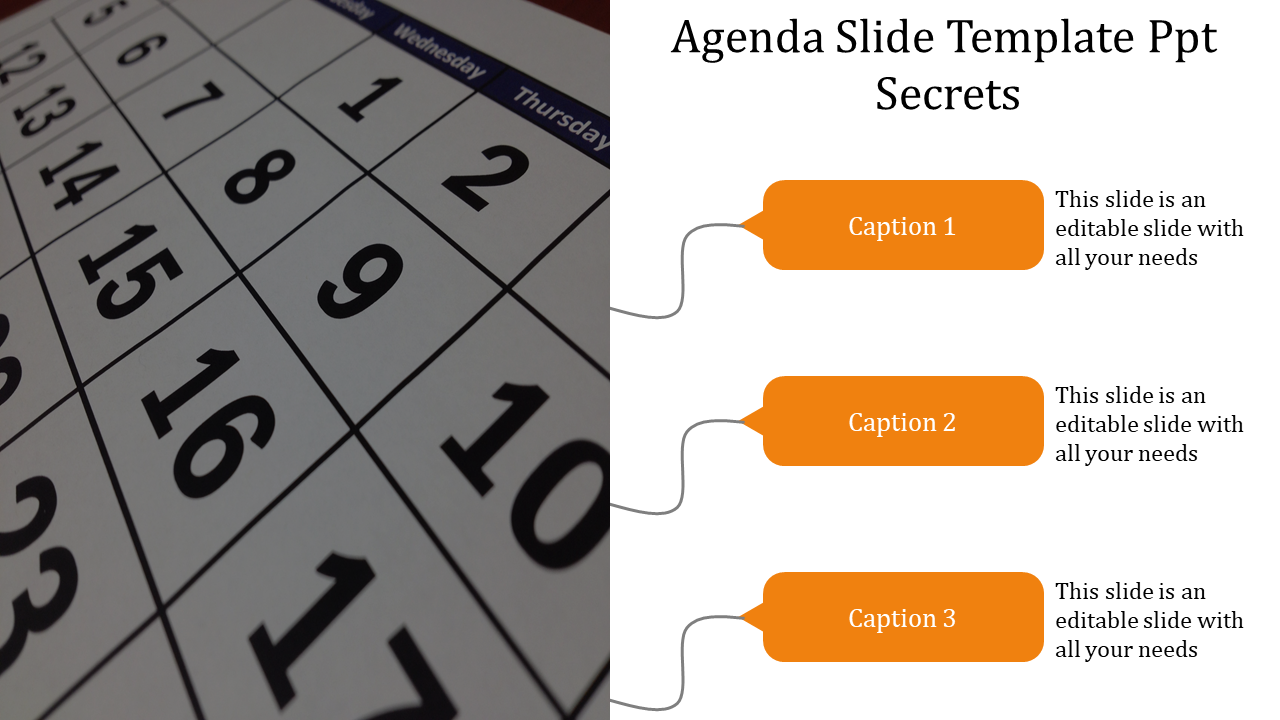 Slide with a calendar close up on the left and three orange captions on the right connected to text boxes.