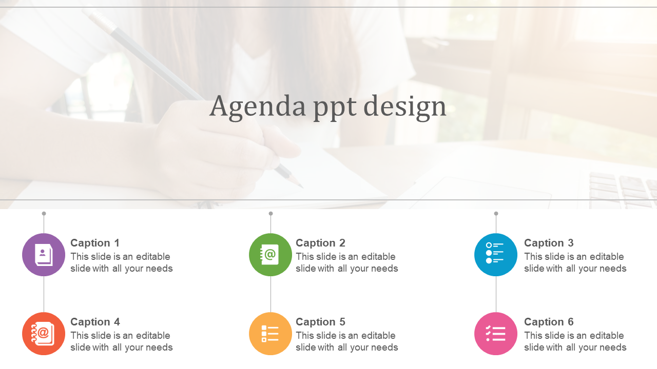 Agenda PPT design slide featuring colorful icons and caption sections with a background image.