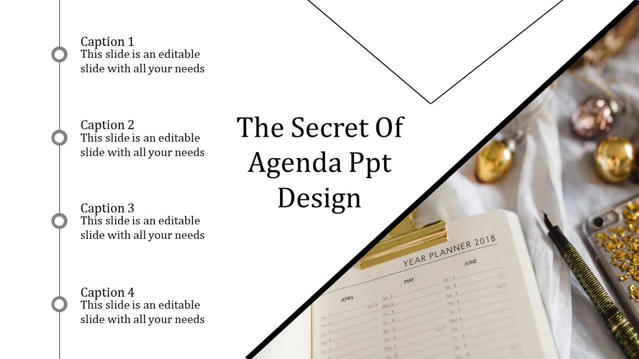 Agenda slide showing four captions along a vertical line, with a planner image and decorative elements on the right.