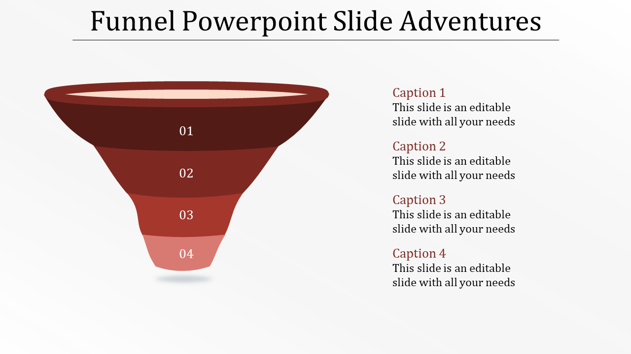 Slide with a layered funnel diagram in red shades, numbered sections from 01 to 04, and captions on the right.