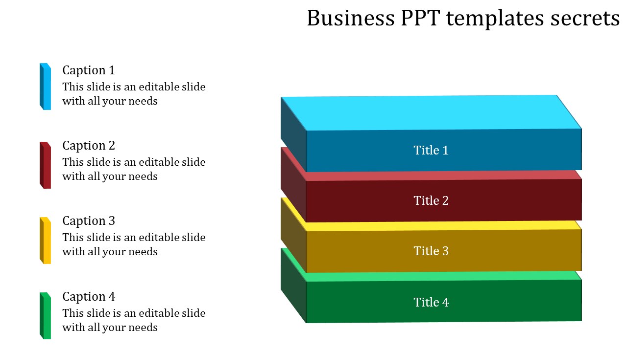 A 3D stacked bar diagram with colorful sections, each labeled with a title, representing a business PowerPoint template.