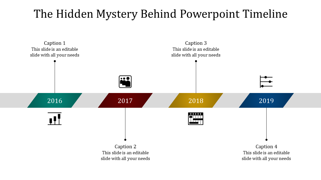 Four-part timeline showing years 2016, 2017, 2018, and 2019 with corresponding icons and placeholder text areas.
