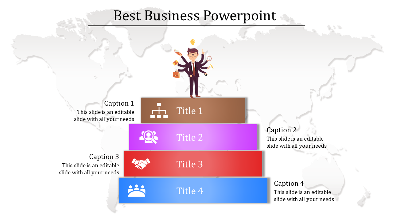 Business PowerPoint slide showing a man with multiple arms, standing on a colorful step pyramid with icons and captions.