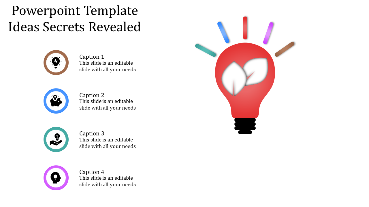 PowerPoint slide featuring a red light bulb with colorful rays and four captions.