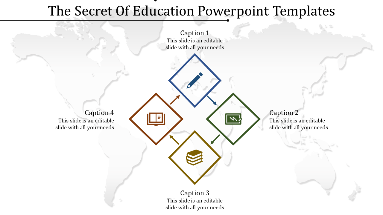 Diamond shaped icons connected with arrows over a world map background in blue, green, brown, and yellow tones.