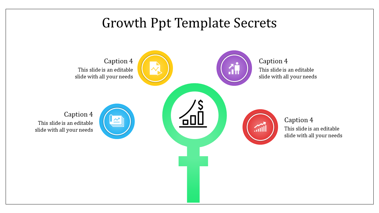 Circular infographic with a green key and surrounding icons for finance, analytics, and growth placed in white backdrop.