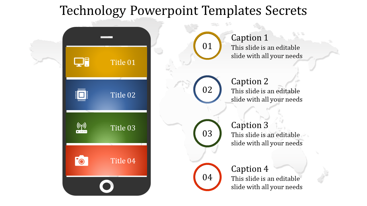 Slide features a smartphone graphic with four colored sections in yellow, blue, green, and red, displaying icons and text.
