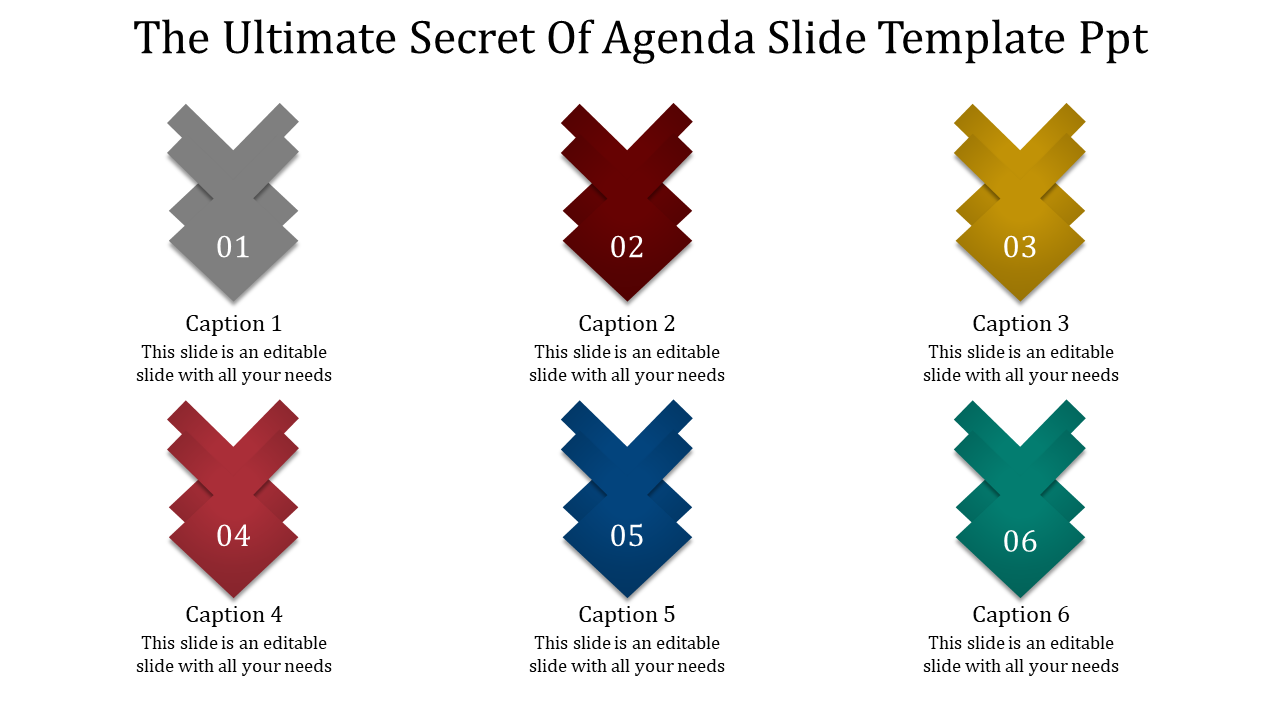 Slide with six vertically stacked arrow blocks in gray, red, yellow, orange, blue, and teal colors with captions below.