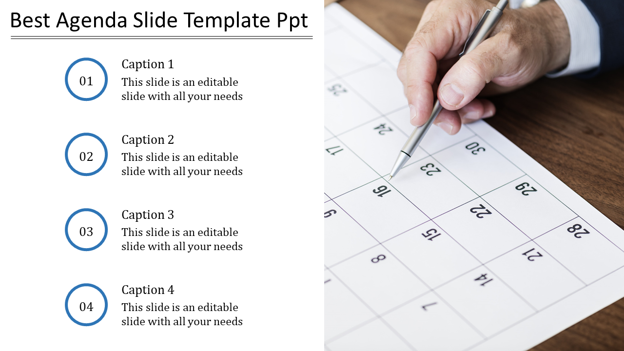 Agenda PowerPoint slide with numbered sections and handwriting on a calendar.