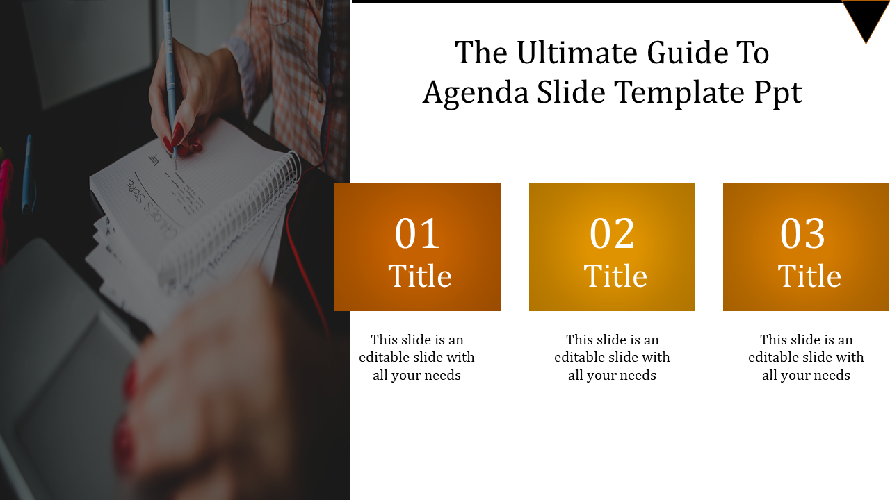 Agenda slide design with three orange boxes labeled 01, 02, and 03, alongside editable captions on a white background.