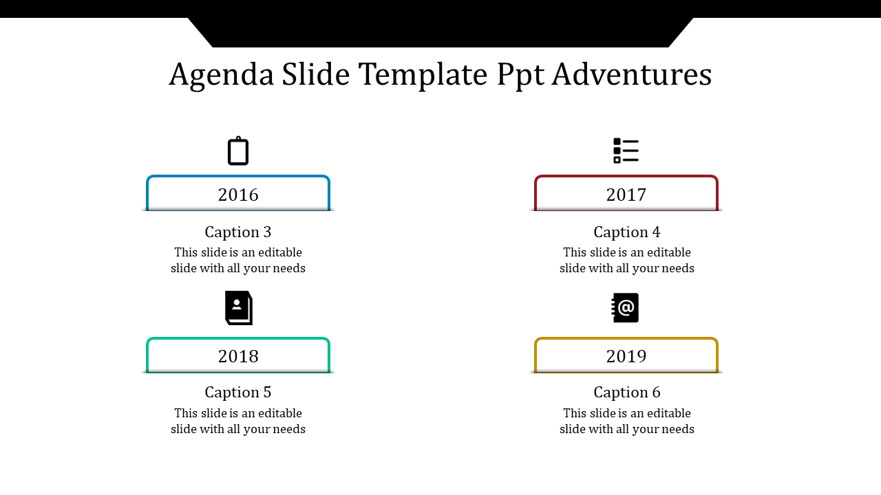 Agenda layout with a timeline for 2016 to 2019, featuring icons above colored labels and captions in two columns.