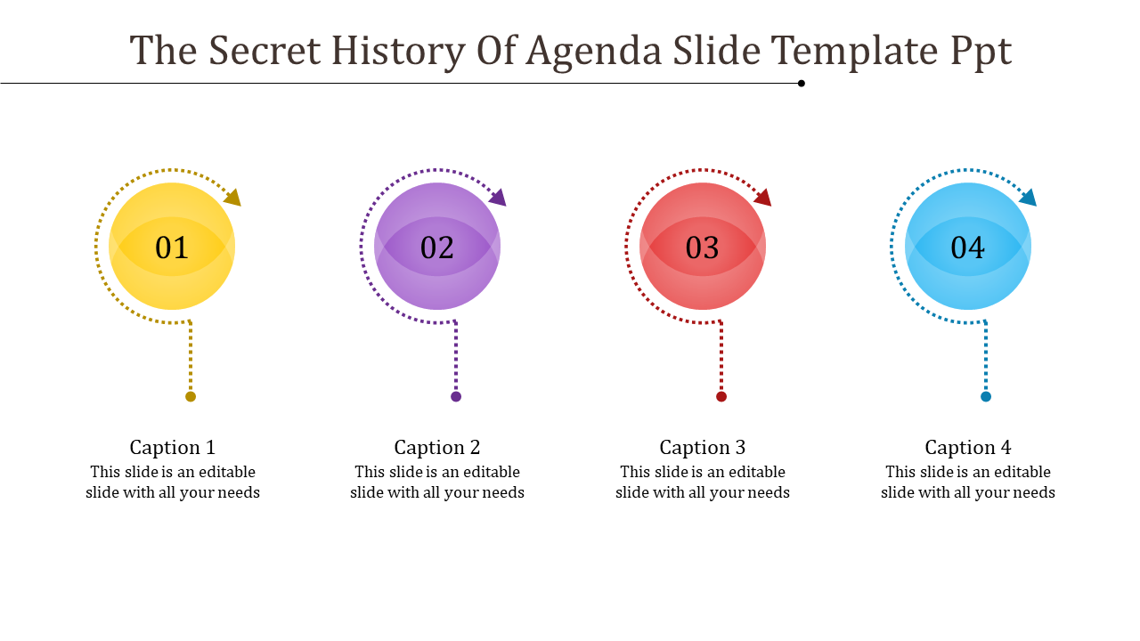 Four vibrant circular icons in yellow, purple, red, and blue, each connected to captions with dotted lines.