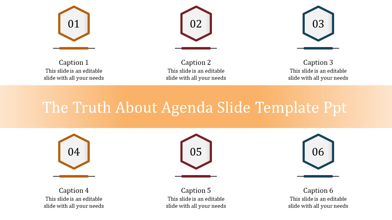 Agenda slide with six numbered hexagons in orange, red, and blue, arranged in two rows with captions below.