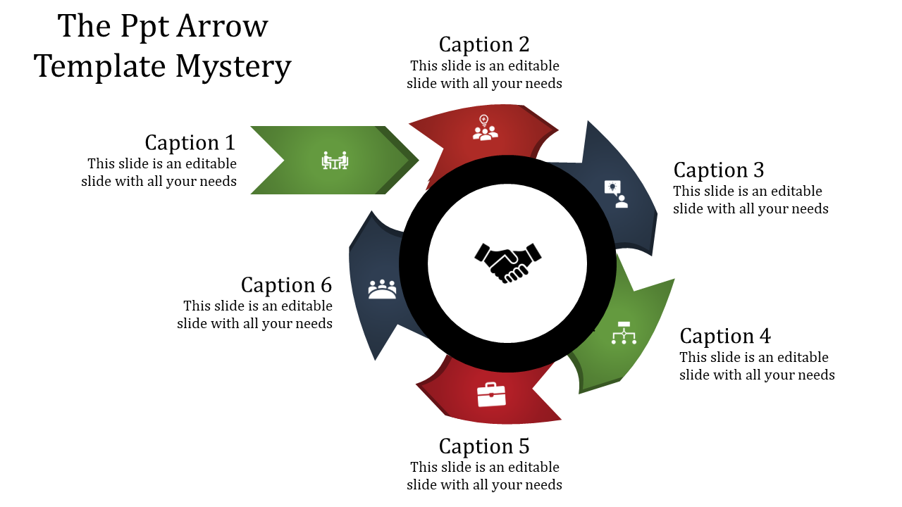 PowerPoint slide with colorful circular arrows and icons representing teamwork, growth, partnership, and business.