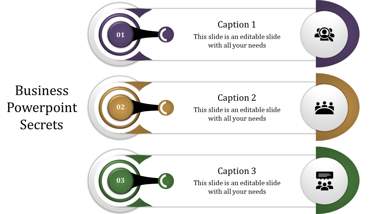 Business layout featuring three steps, each with circular elements, icons, and captions in purple, gold, and green.
