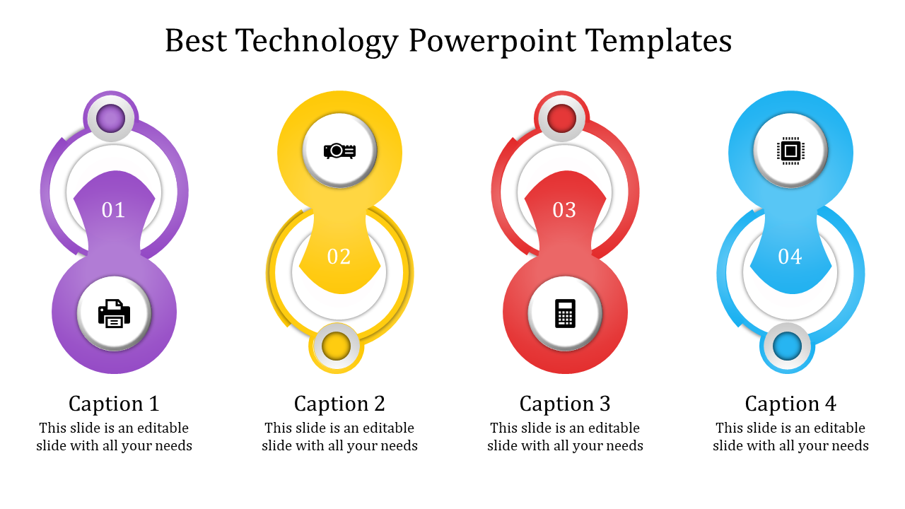 Technology-themed template featuring four vertical elements with rounded shapes, numbered 01 to 04, and paired with captions.