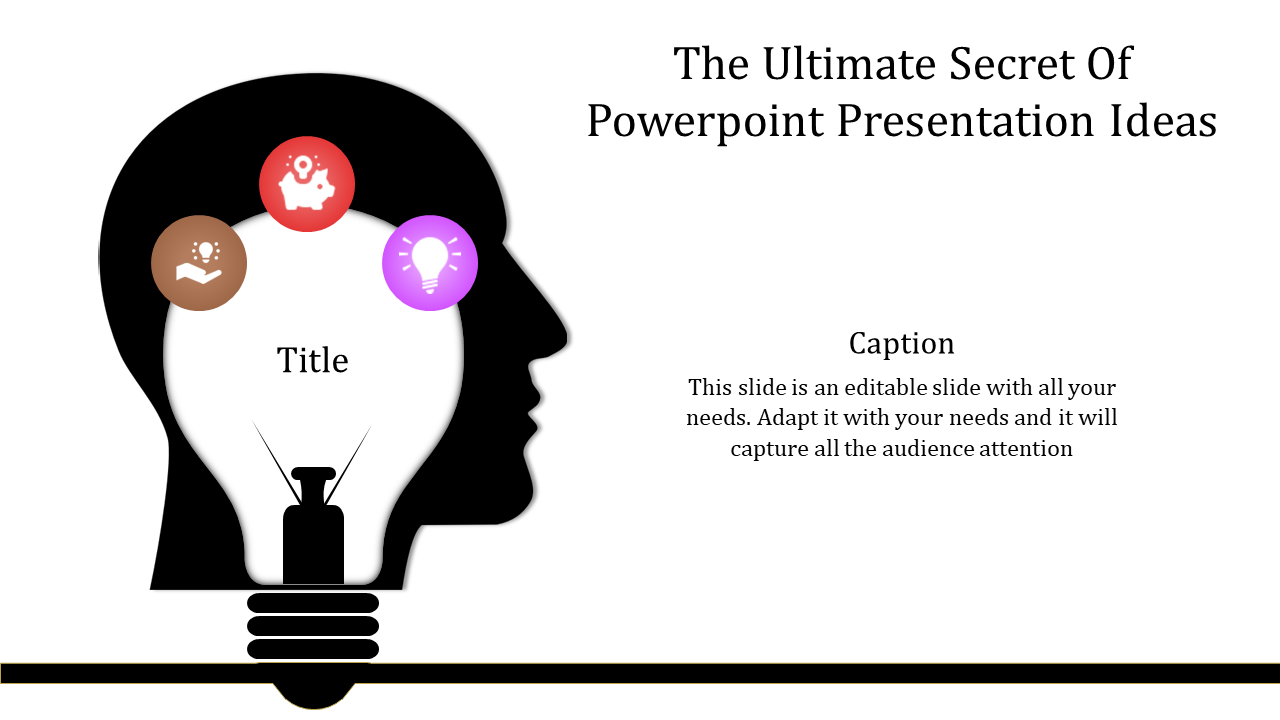 Creative slide featuring a black head outline containing a light bulb, surrounded by idea icons, with space for captions.