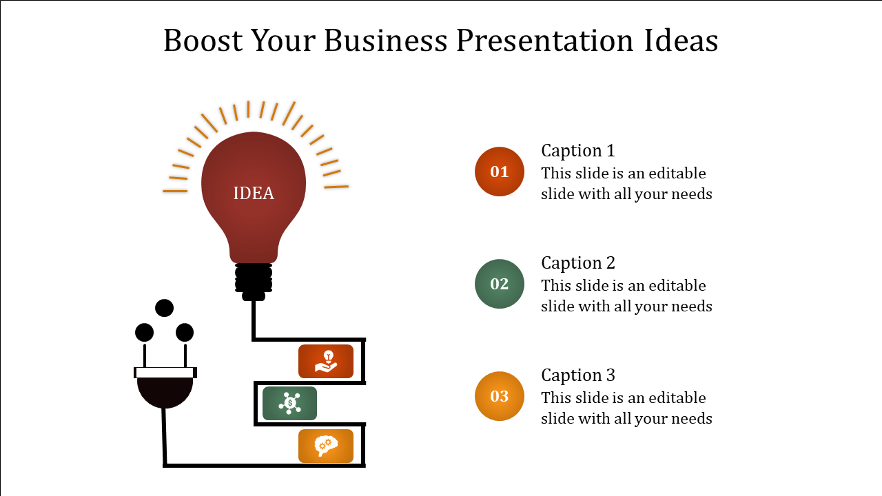 Creative business presentation template with light bulbs and icons for idea generation with captions.