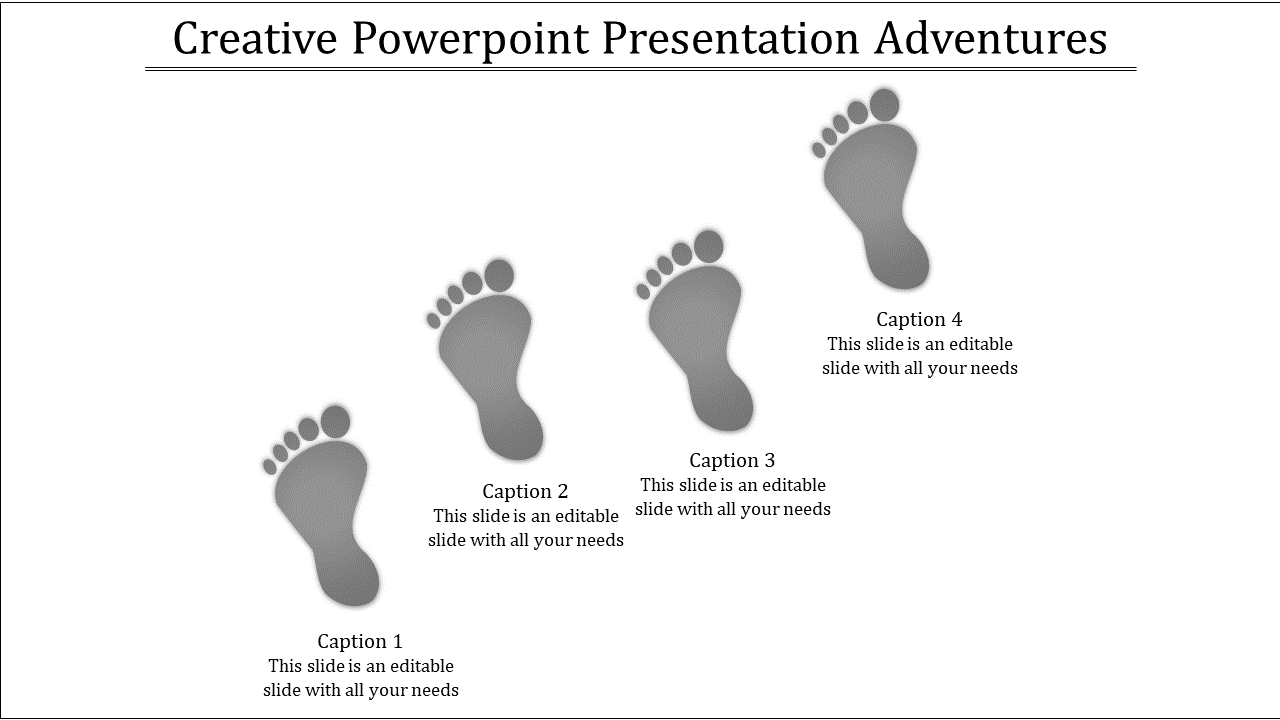Creative PowerPoint slide featuring footprints to symbolize progress with captions.