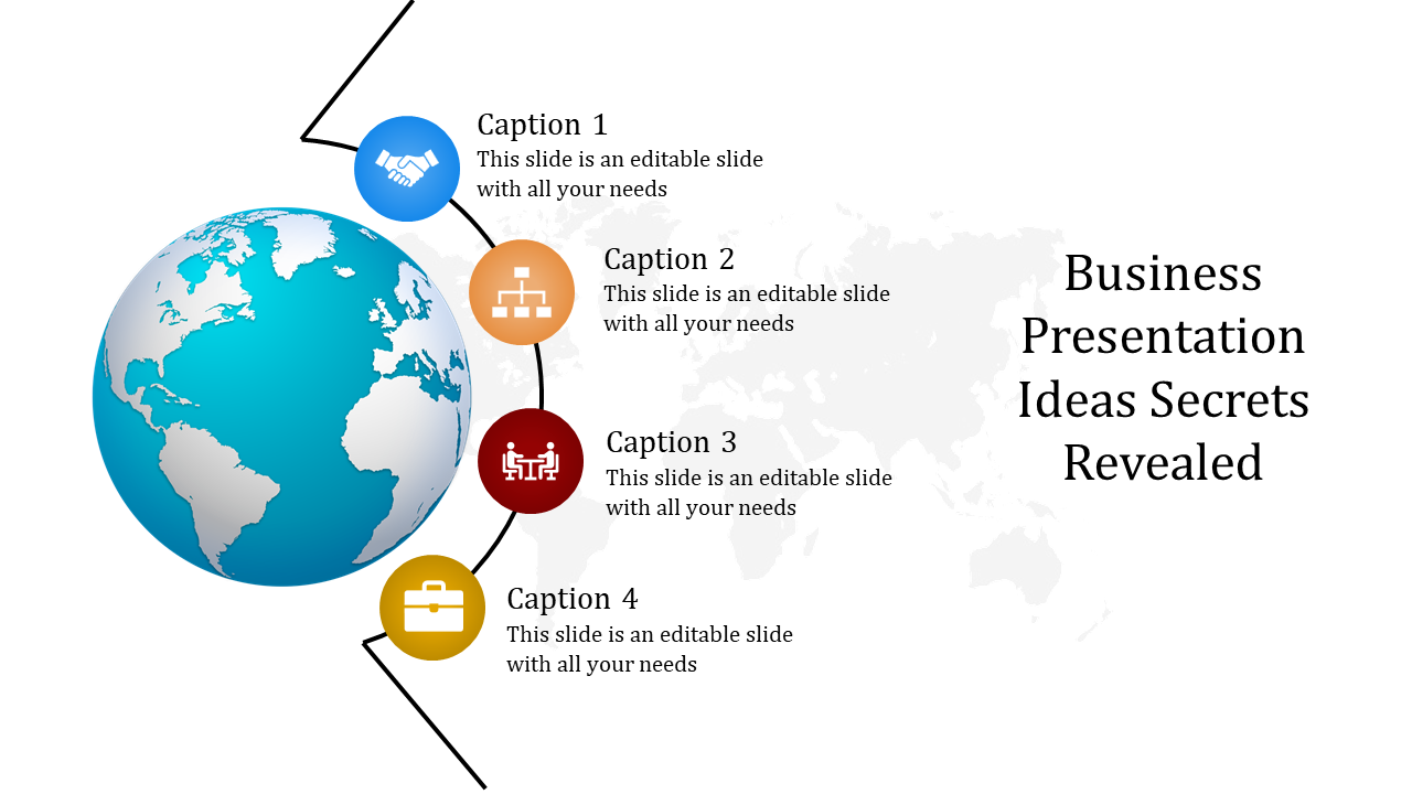 Business infographic featuring a blue globe and four steps with icons for collaboration, organization, meetings, and tasks.