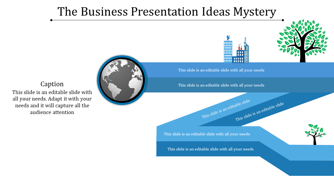 Business slide with a globe icon on the left, horizontal blue layers extending to the right, and icons.