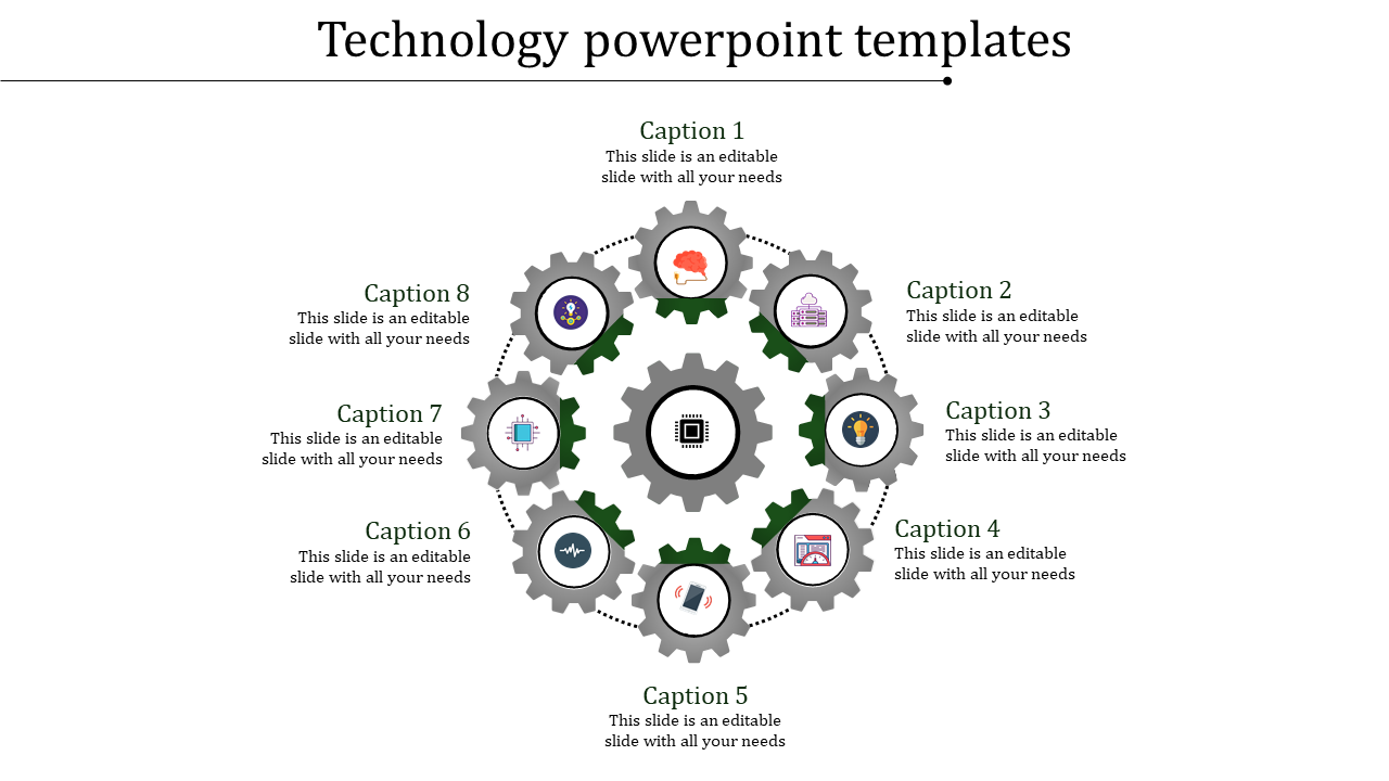 Technology-themed slide displaying a central black gear surrounded by seven gray gears with tech icons and captions areas.