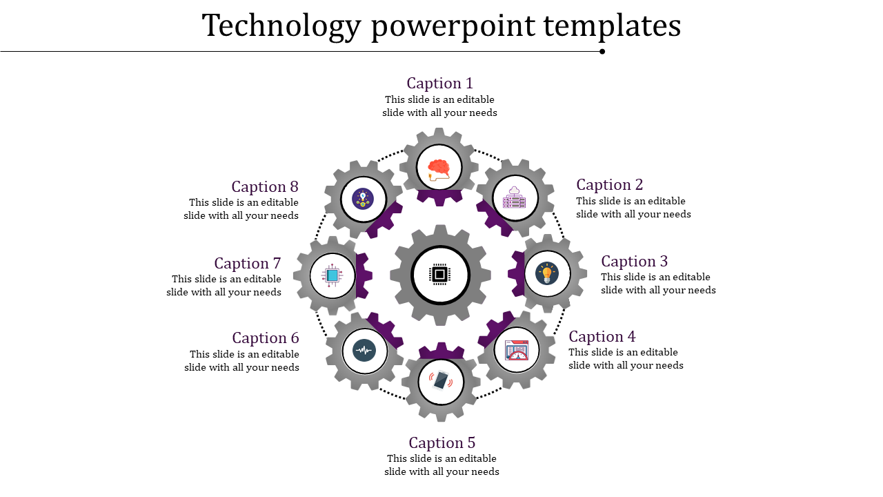 Circular infographic with eight gray gears, each featuring a technology related icon and captions on a white background.